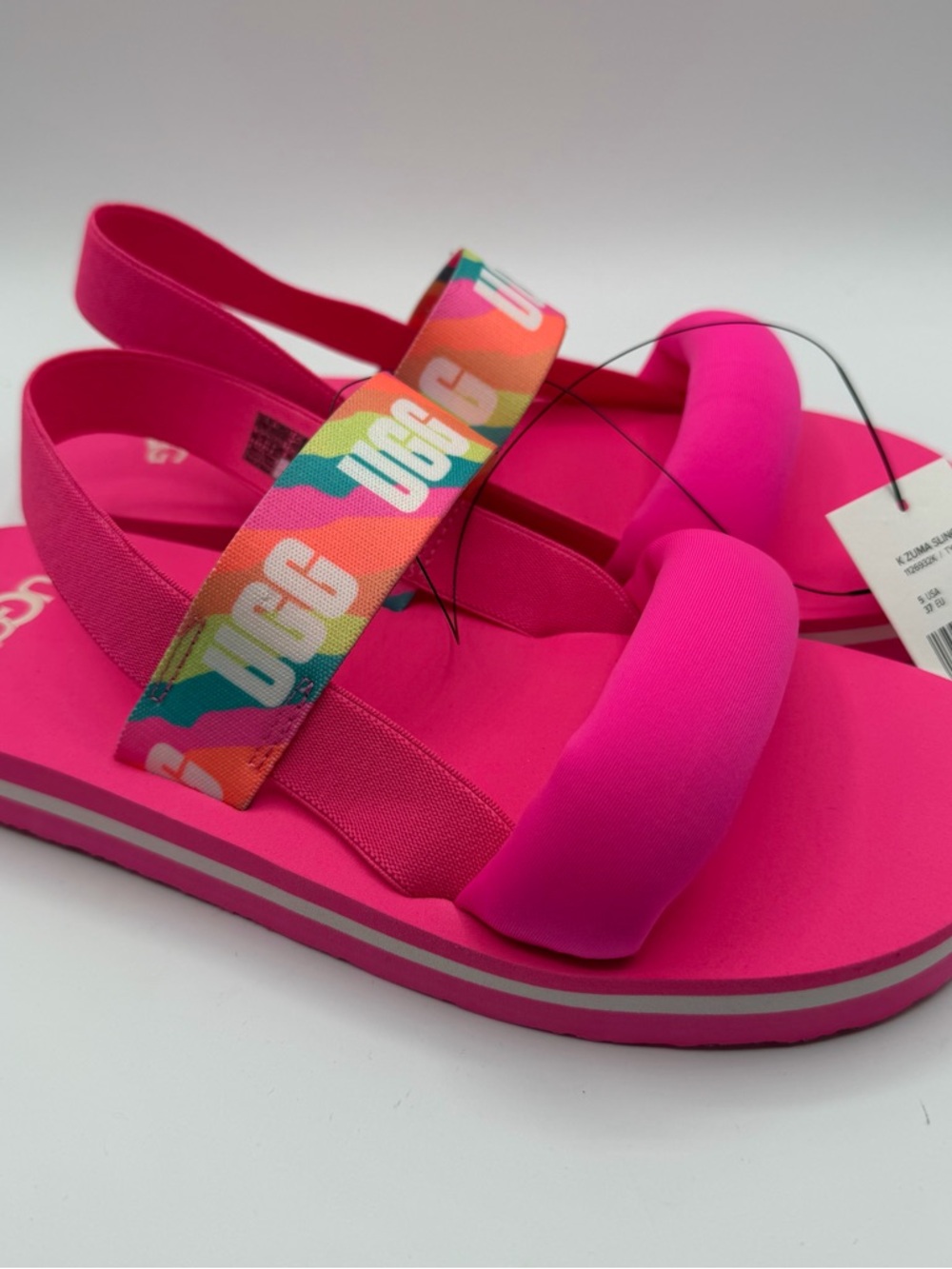UGG Zuma Sling Sandals Neon Pink Rainbow Logo Strap Kids 5 Womens 7 NWT